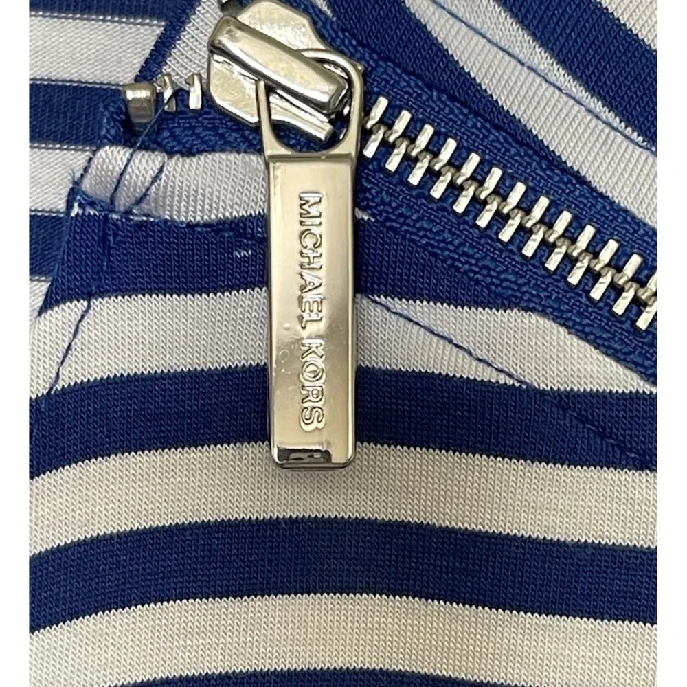 Michael Kors Top Womens L Navy White Striped Shoulder Zipper Faux Wrap NEW